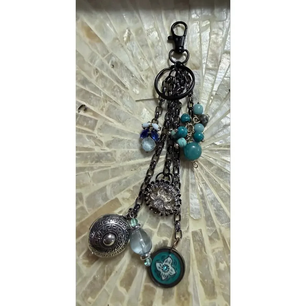 Handmade Vintage Jewelry Purse Charm Keychain Blue Teal OOAK